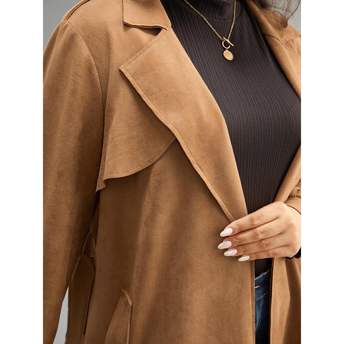 Plus Size Solid Button Detail Knot Belted Coat Women Chocolate Work From Home Plain Ladies Work Winter Coats BloomChic 18-20/2X Product Image