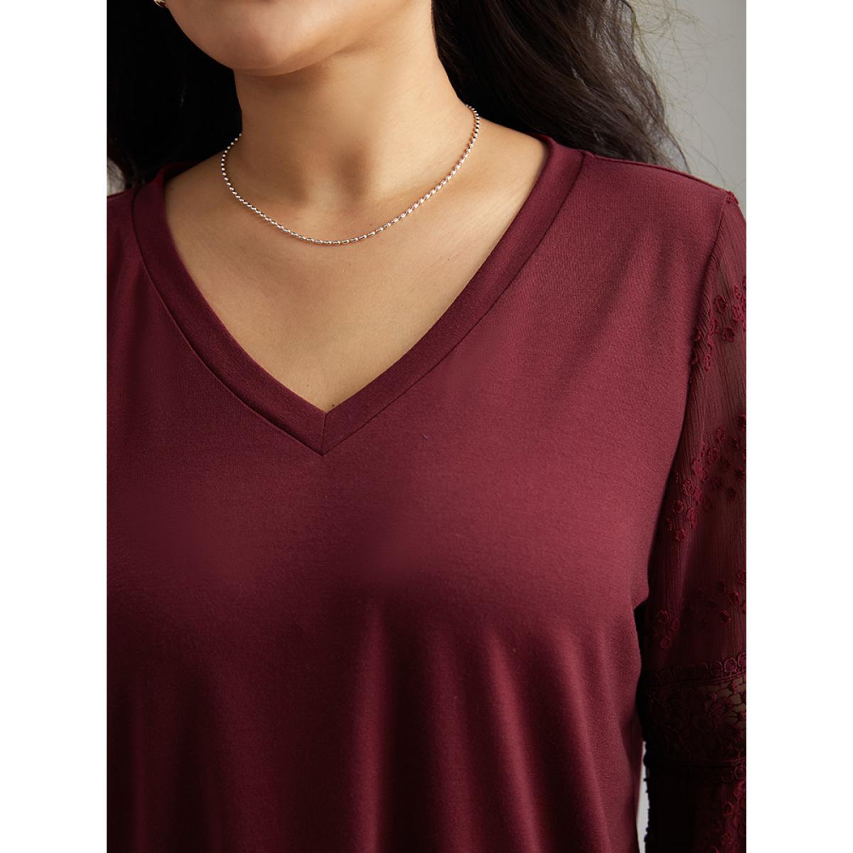 Plus Size Supersoft Essentials Solid Guipure Lace Cut Out T-shirt Burgundy Women Elegant Elastic cuffs Plain V-neck Dailywear T-shirts BloomChic 22-24/3X Product Image