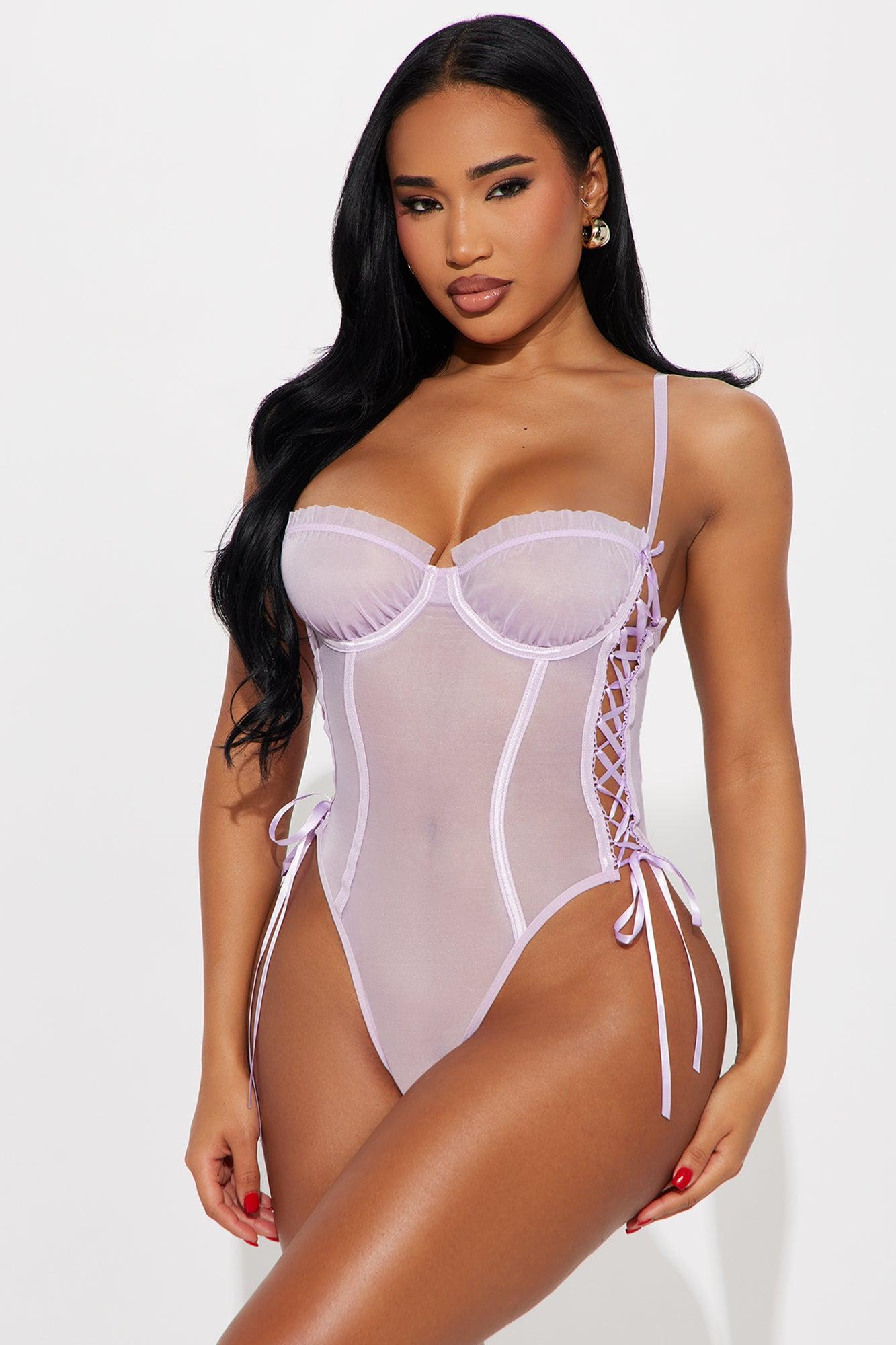 Secret Crush Mesh Lace Up Ruffle Teddy - Lavender Female Product Image