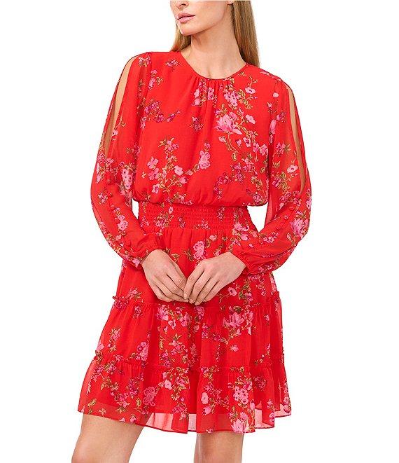 CeCe Gauze Chiffon Floral Print Round Neck Long Sleeve Smocked Tiered Mini A-Line Dress Product Image