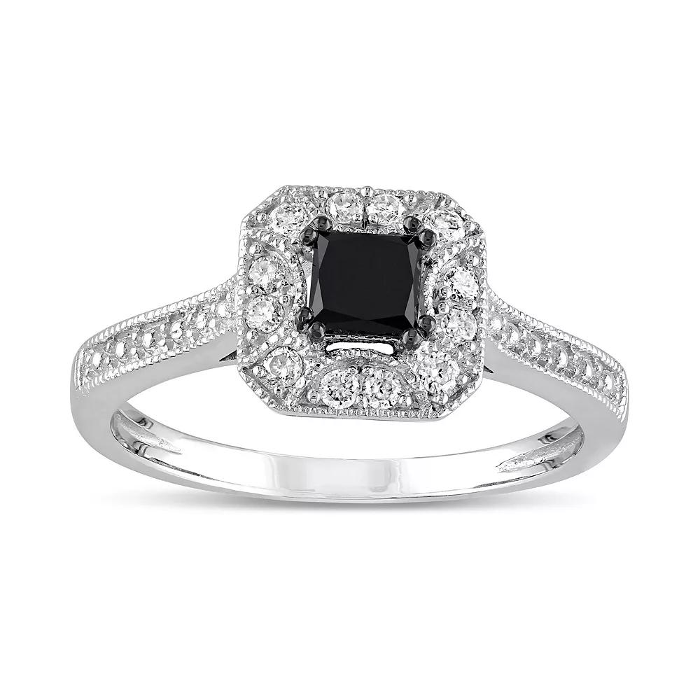 Stella Grace 10k White Gold 1/2 Carat T.W. Black & White Diamond Halo Engagement Ring, Women's,  Product Image