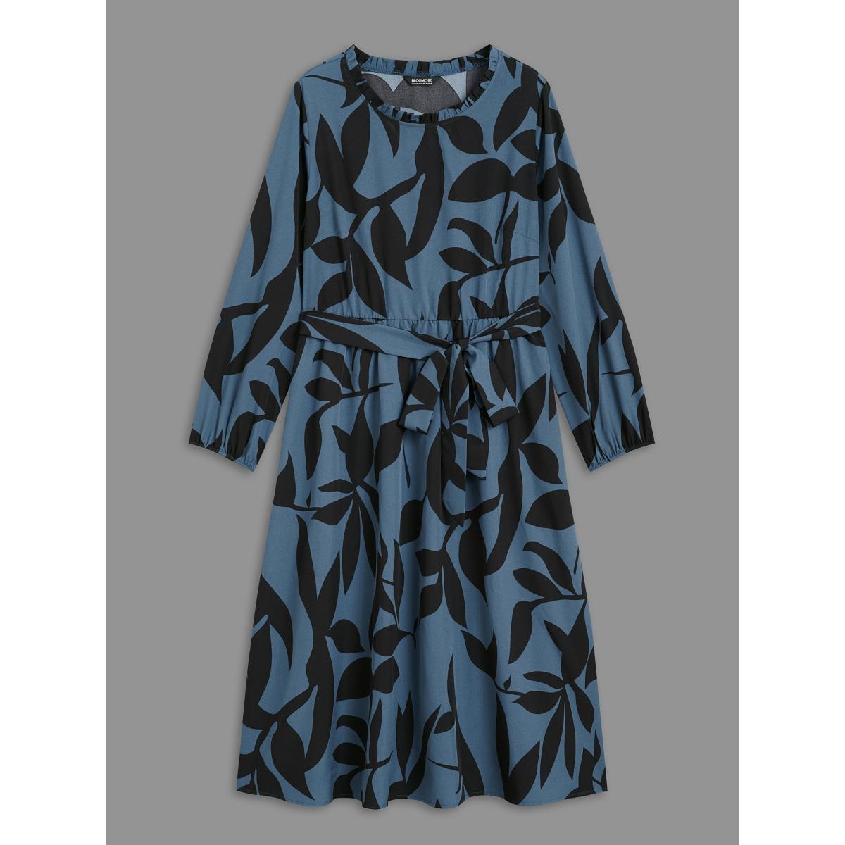 Plus Size Silhouette Floral Print Frill Trim Dress Aegean Women Elegant Belted Round Neck Long Sleeve Curvy BloomChic 14-16/1X Product Image