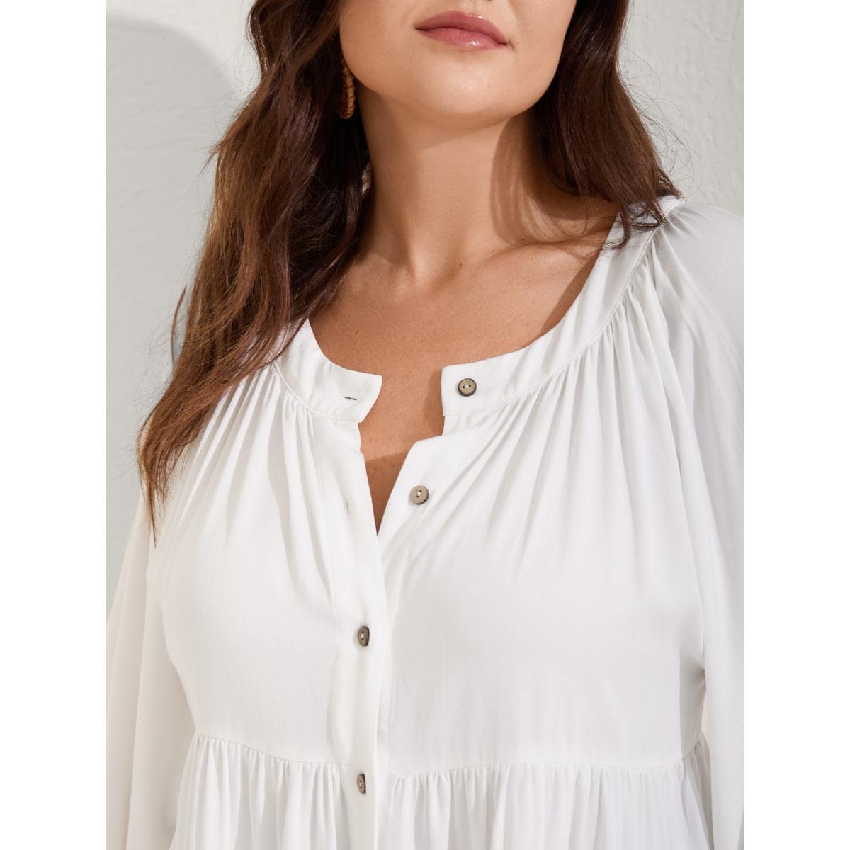 Plus Size Originalwhite Tiered Button Placket Puffy Sleeve Blouse Women Boho Extra Long Sleeve Round Neck Vacation Blouses BloomChic 18-20/2X Product Image