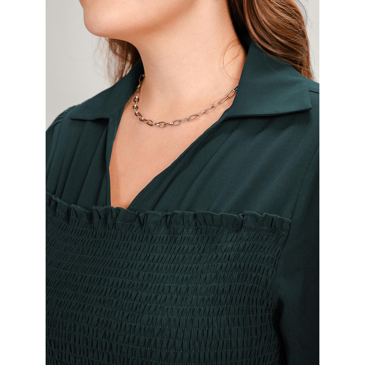 Plus Size DarkGreen Solid Lantern Sleeve Shirred Ruffles Blouse Women Office Long Sleeve Shirt collar Office Blouses BloomChic 22-24/3X Product Image