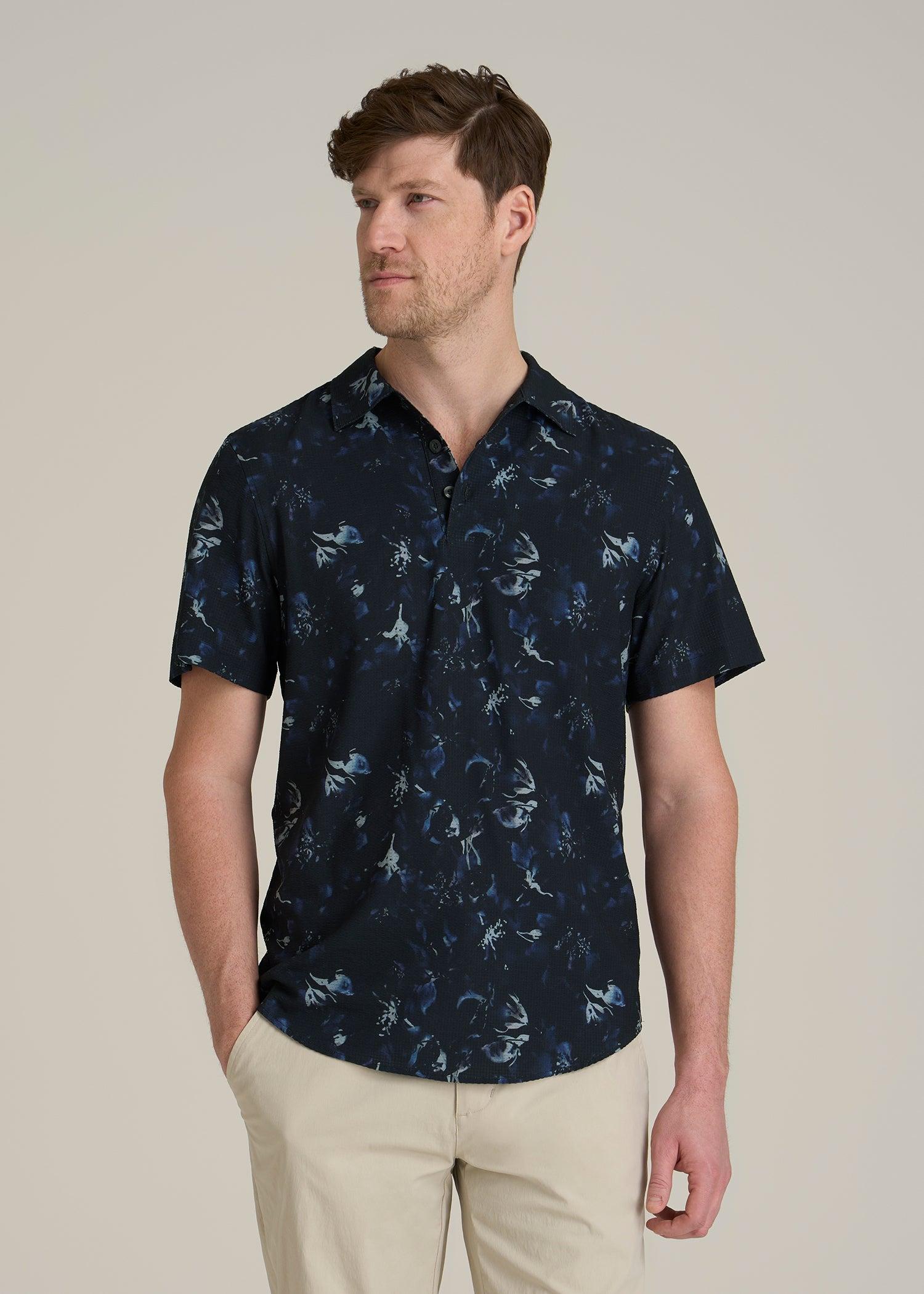 Coastal Perforated Polo Shirt for Tall Men in Black and Violet Floral Male Product Image