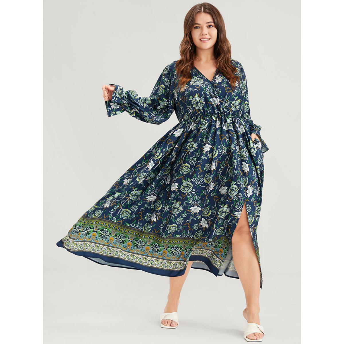 Plus Size Floral Lantern Sleeve Pocket Split Wrap Flutter Hem Maxi Dress DarkBlue Women Vacation Slit V-neck Long Sleeve Curvy Long Dress BloomChic 10/M Product Image