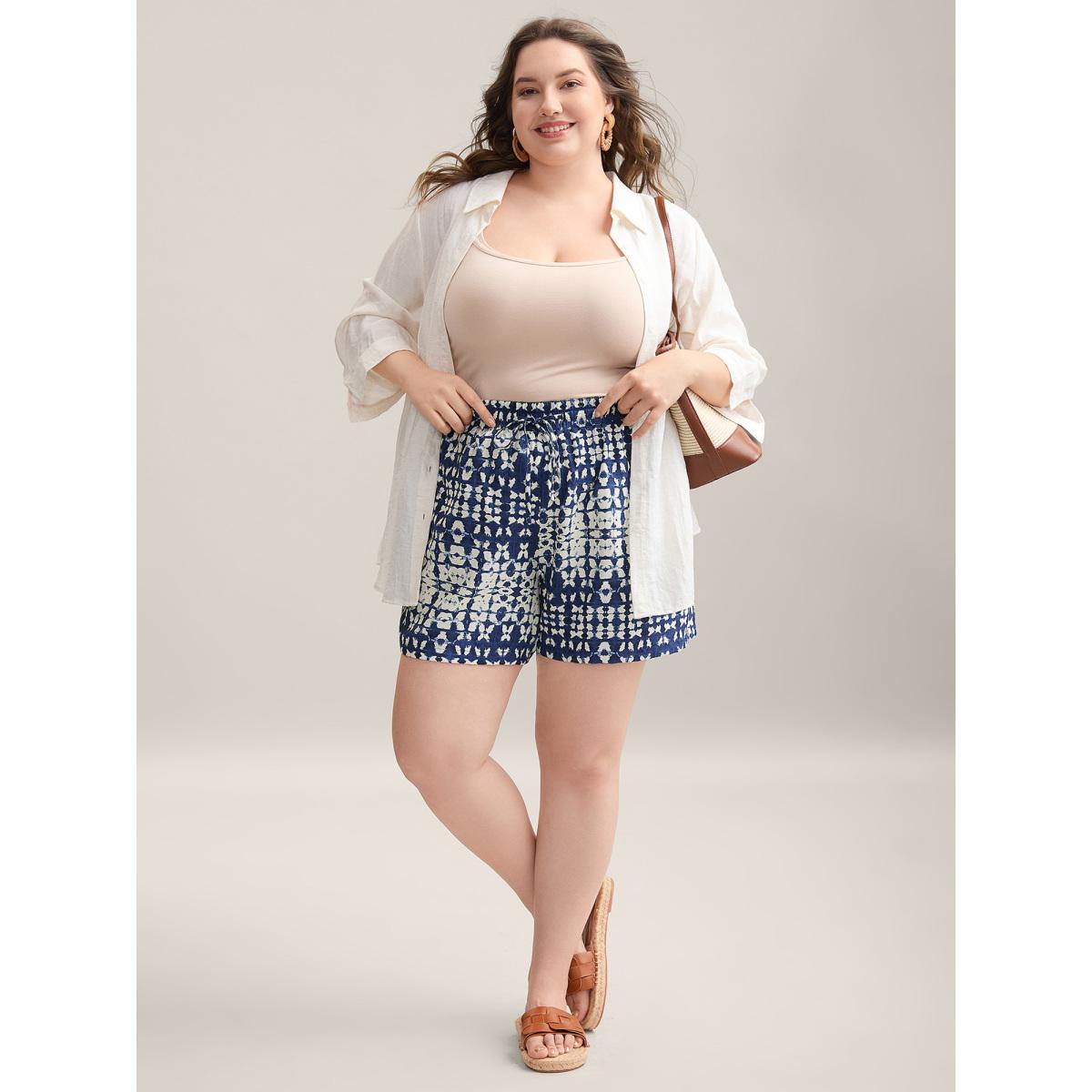 Plus Size Abstract Print Straight-Fit Shorts Women Indigo Resort Drawstring Straight Leg Vacation Shorts BloomChic 22-24/3X Product Image