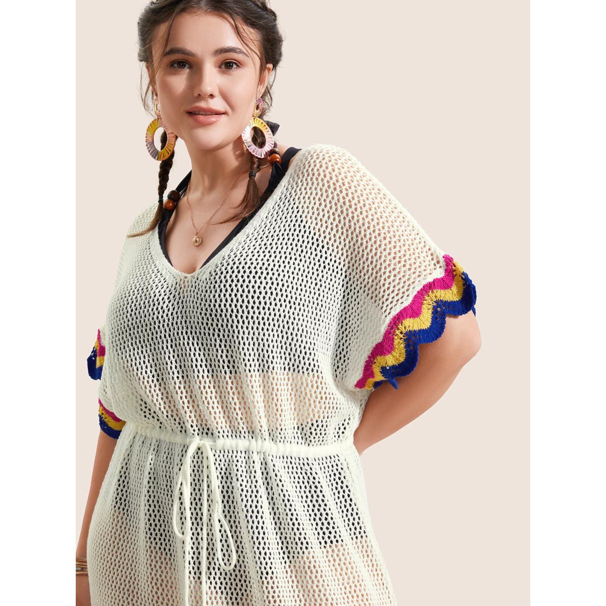 Plus Size Deep V Neck Contrast Striped Drawstring Swim Cover Up Women's Swimwear Ivory Beach Loose Texture Curve Swim Cover Ups BloomChic 22-24/3X Product Image