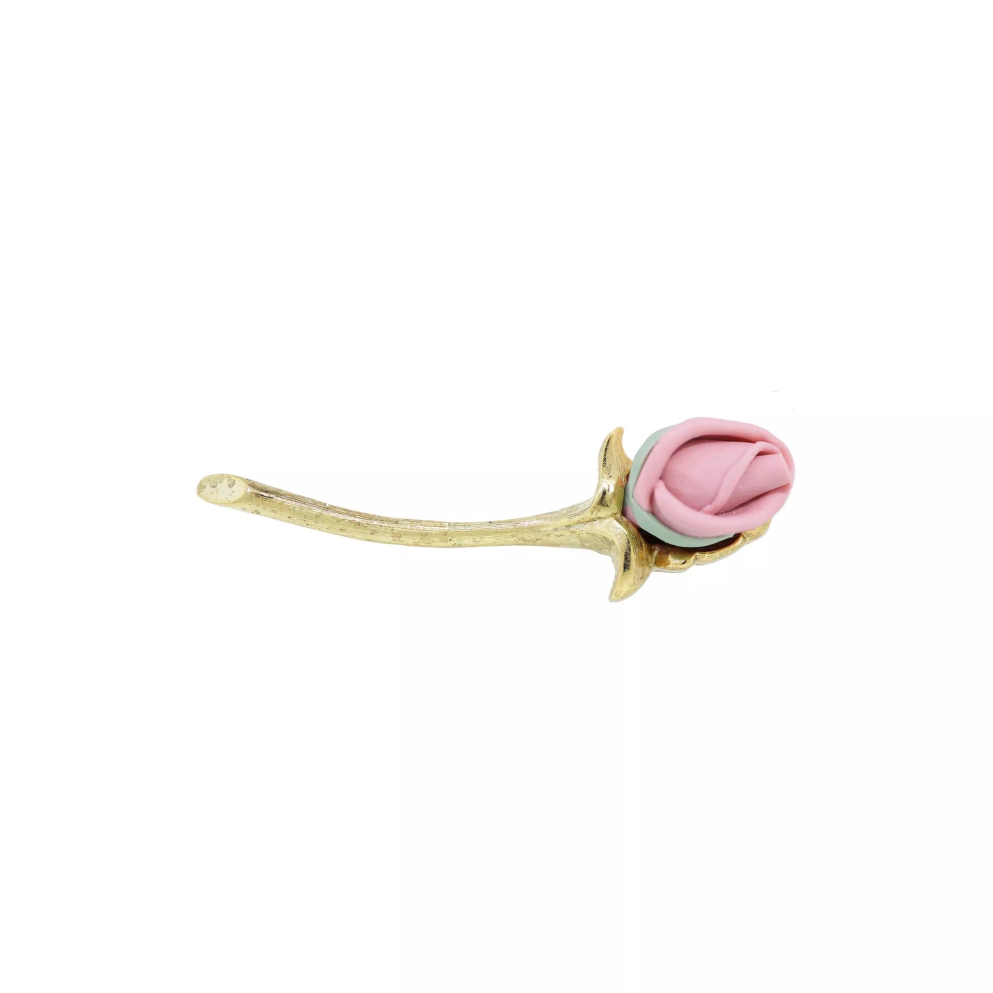 1928 Gold Tone Pink Long Stem Porcelain Rose Pin, Women's Product Image