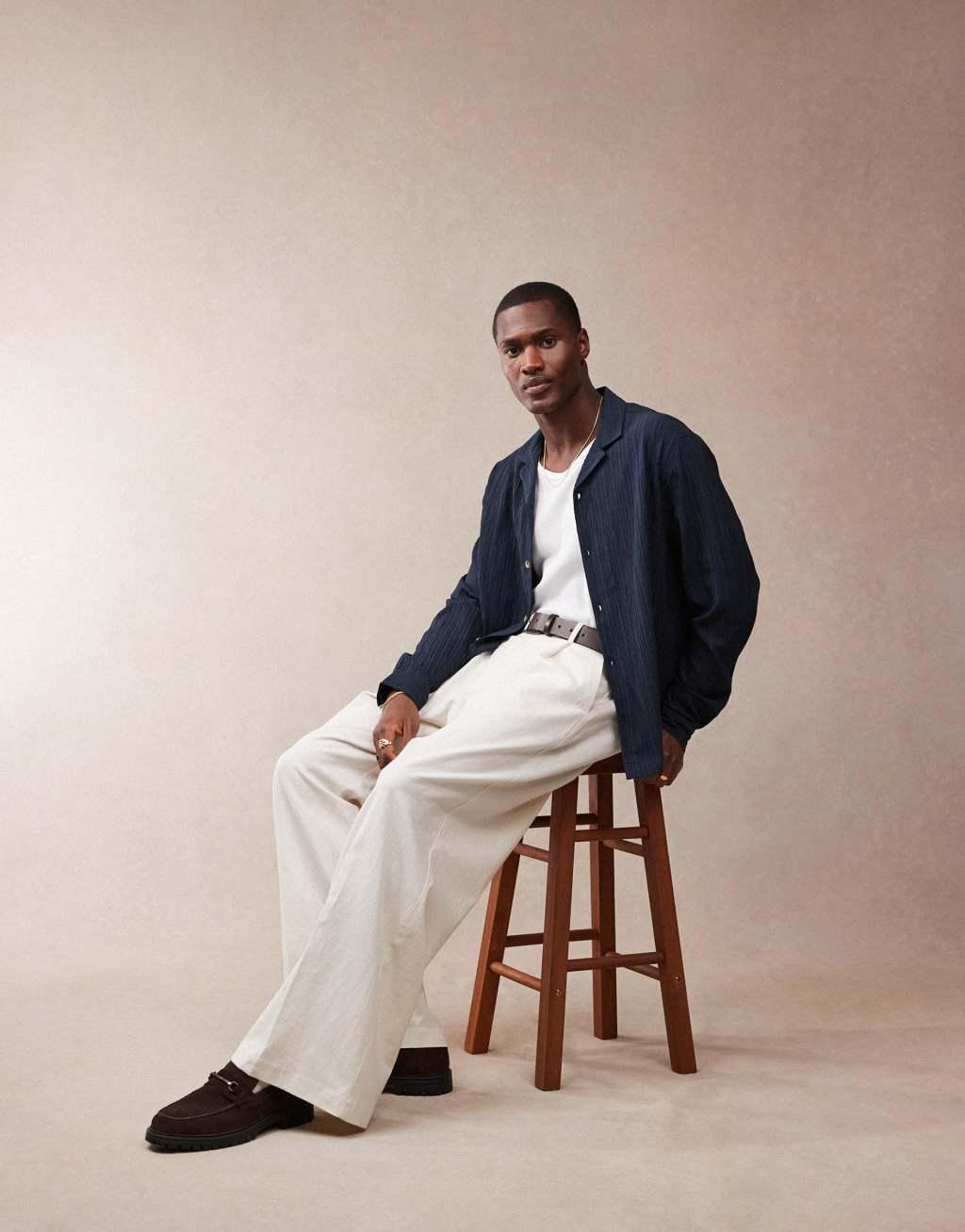 ASOS DESIGN boxy textured regular shirt in navy Product Image