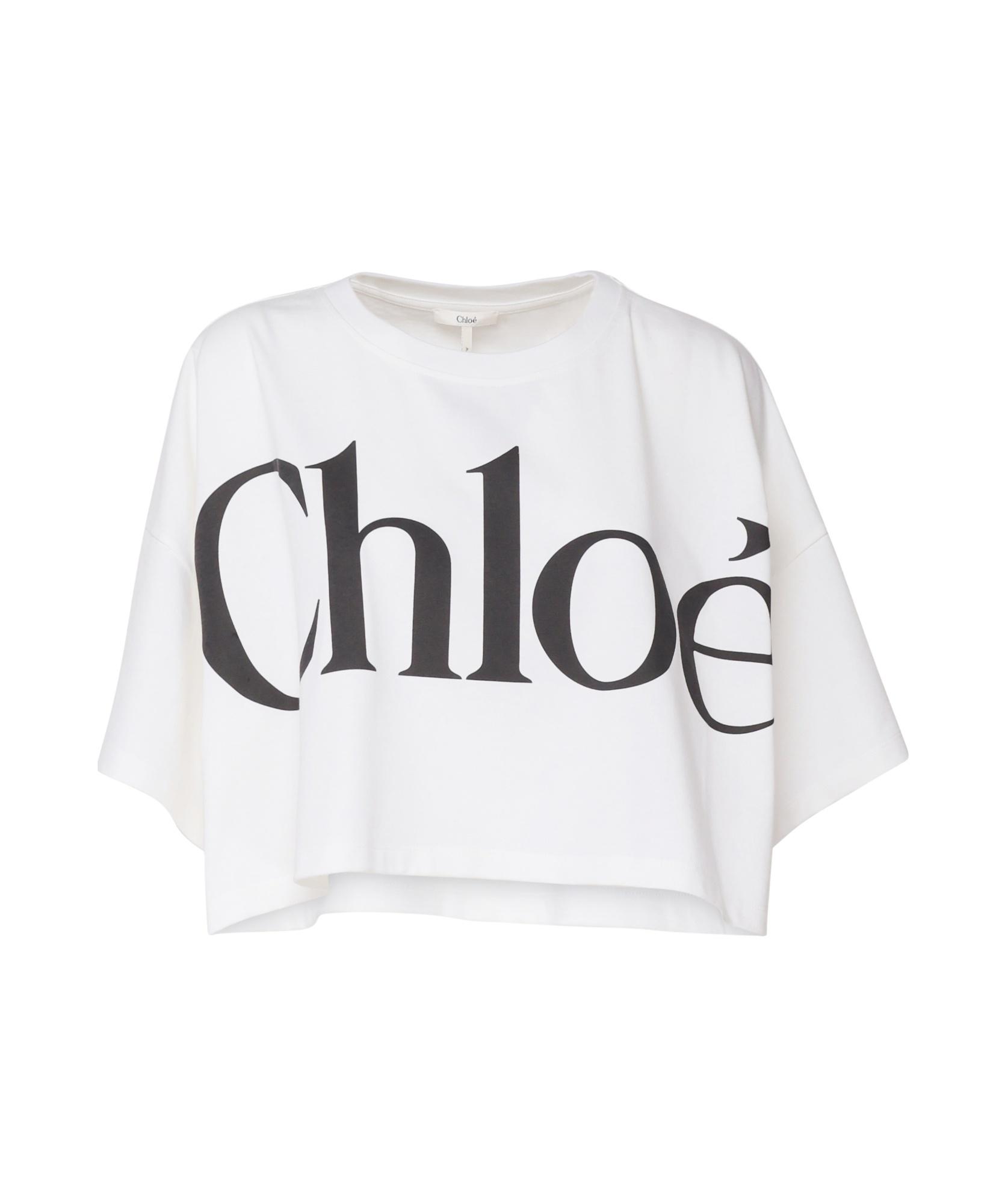 CHLOÉ White Cropped Crewneck T-shirt With Maxi Logo Print On The Front In Cotton Woman In Multicolor Product Image