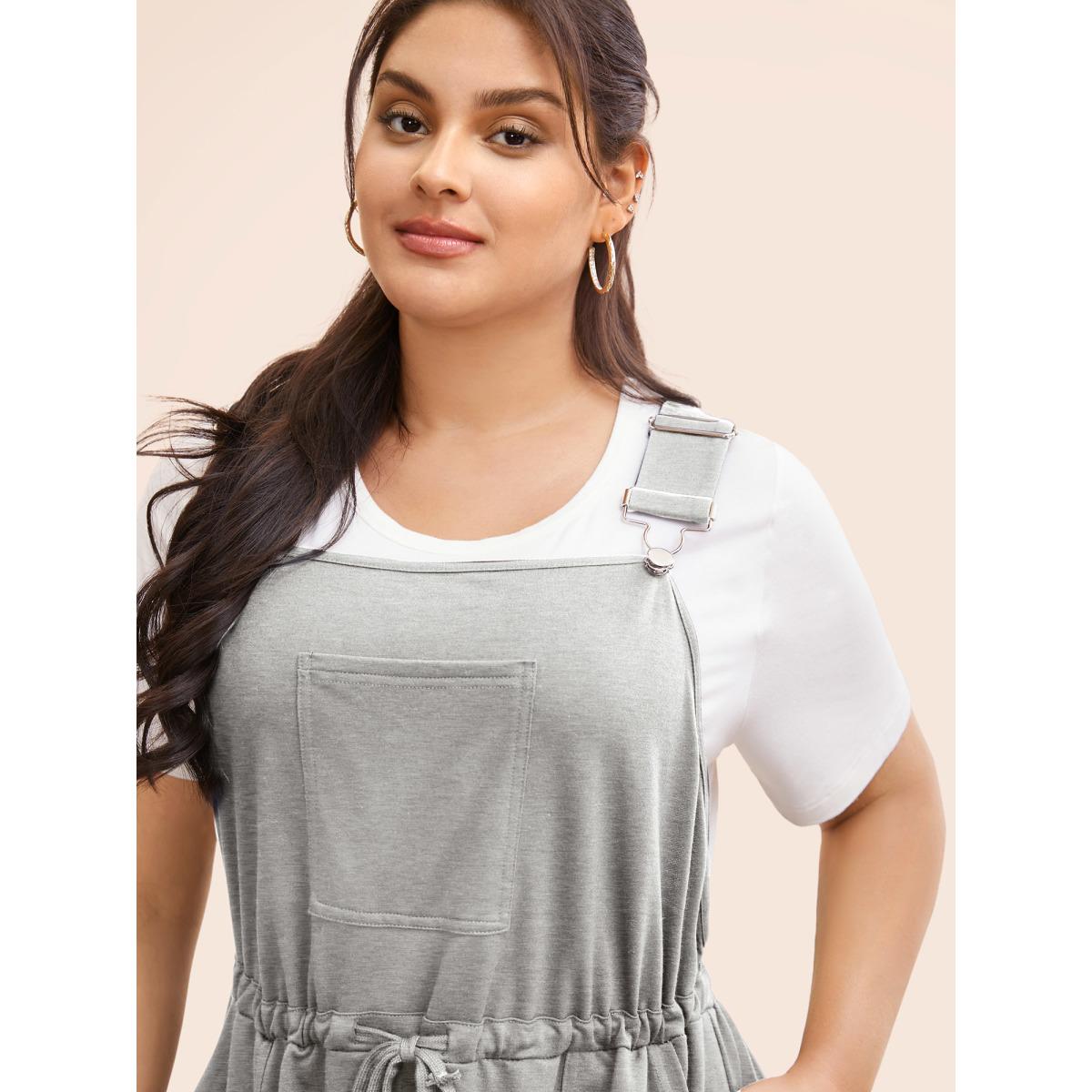 Plus Size Plain Pocket Drawstring Overall Dress LightGray Women Casual Non Non Sleeveless Curvy BloomChic 22-24/3X Product Image
