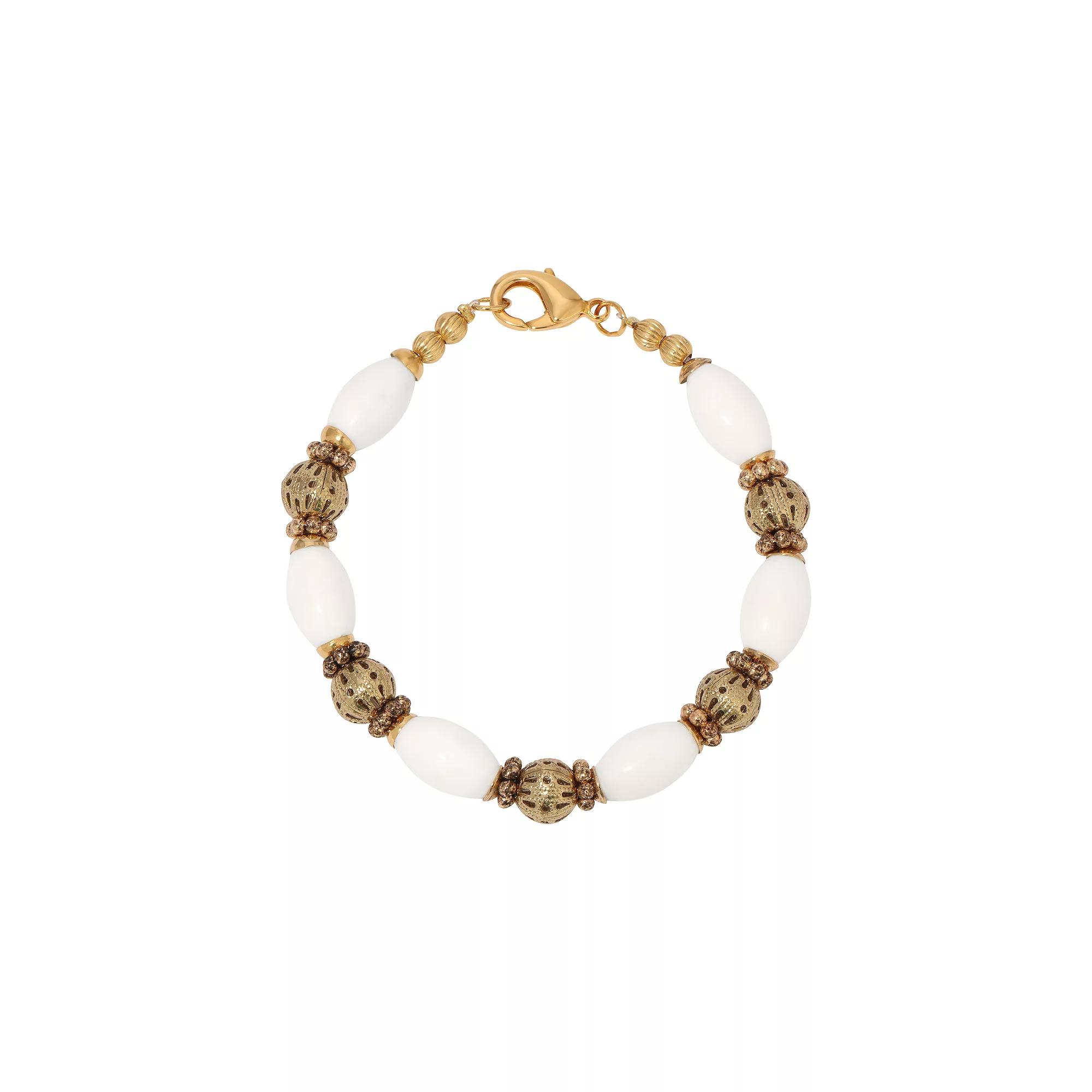 1928 Gold Tone Filigree White Bead Bracelet, Womens Product Image