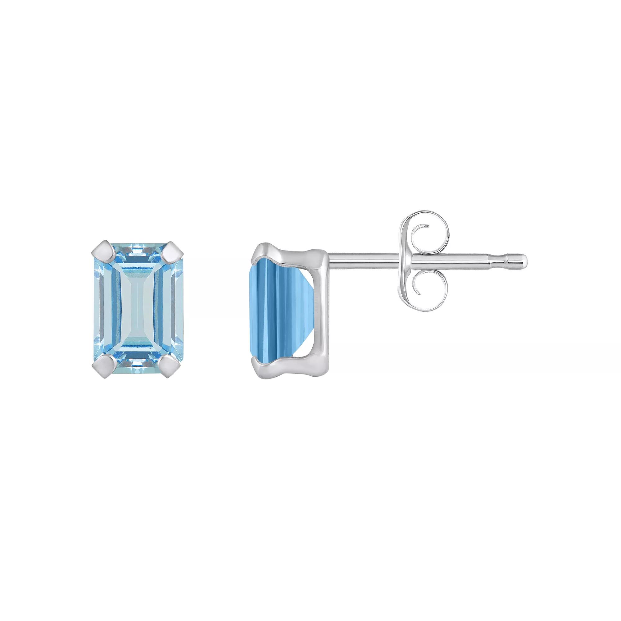 Celebration Gems 10k Gold Emerald Cut Aquamarine Stud Earrings, Women's, White Product Image