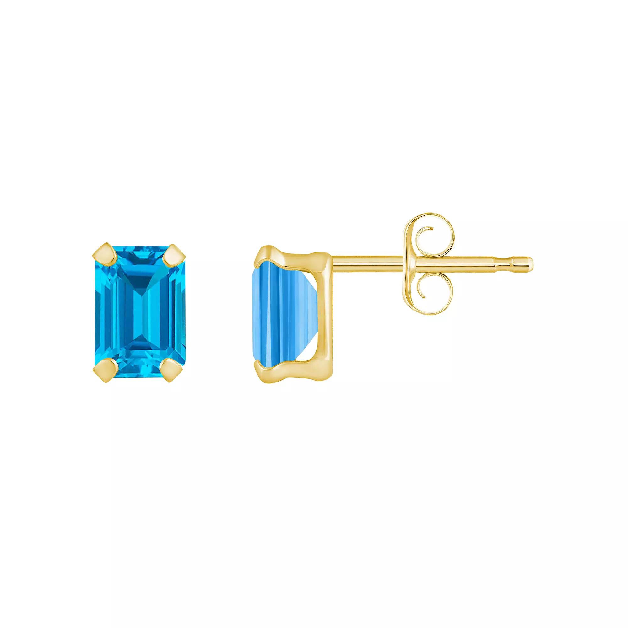 Celebration Gems 10k Gold Emerald Cut Swiss Blue Topaz Stud Earrings, Women's, Yellow Product Image