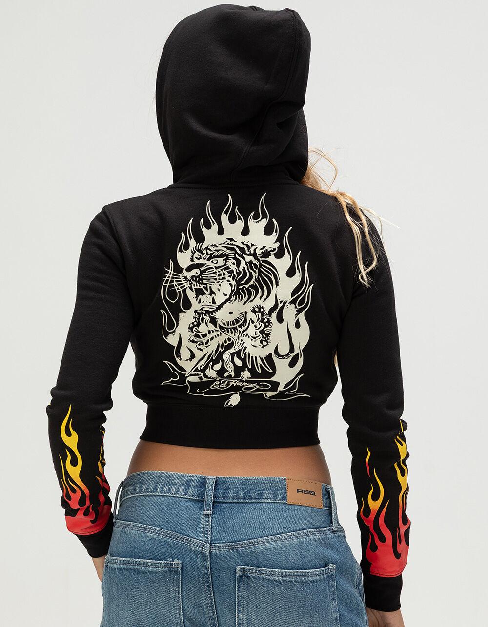 ED HARDY Tiger Flame Womens Crop Zip-Up Hoodie - BLACK Product Image