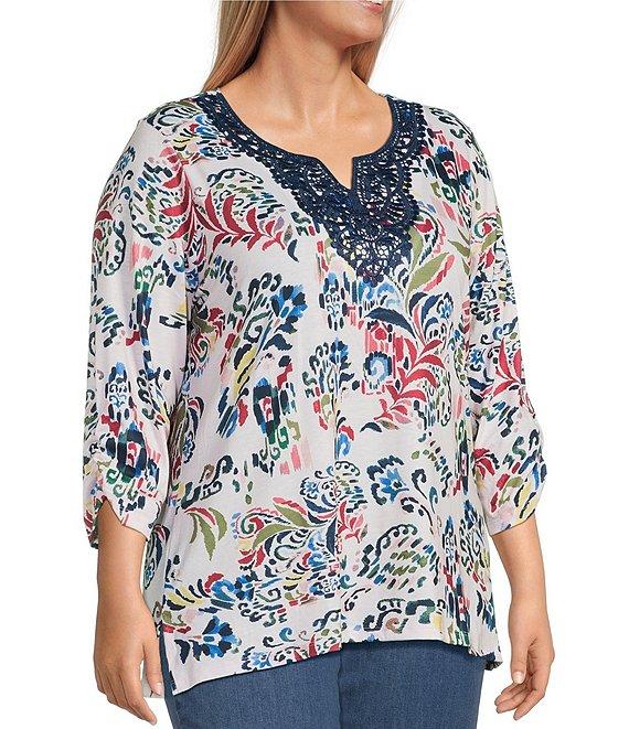Allison Daley Plus Flowery Ikat 3/4 Sleeve Split Round Neck Lace Detail Knit Top Product Image