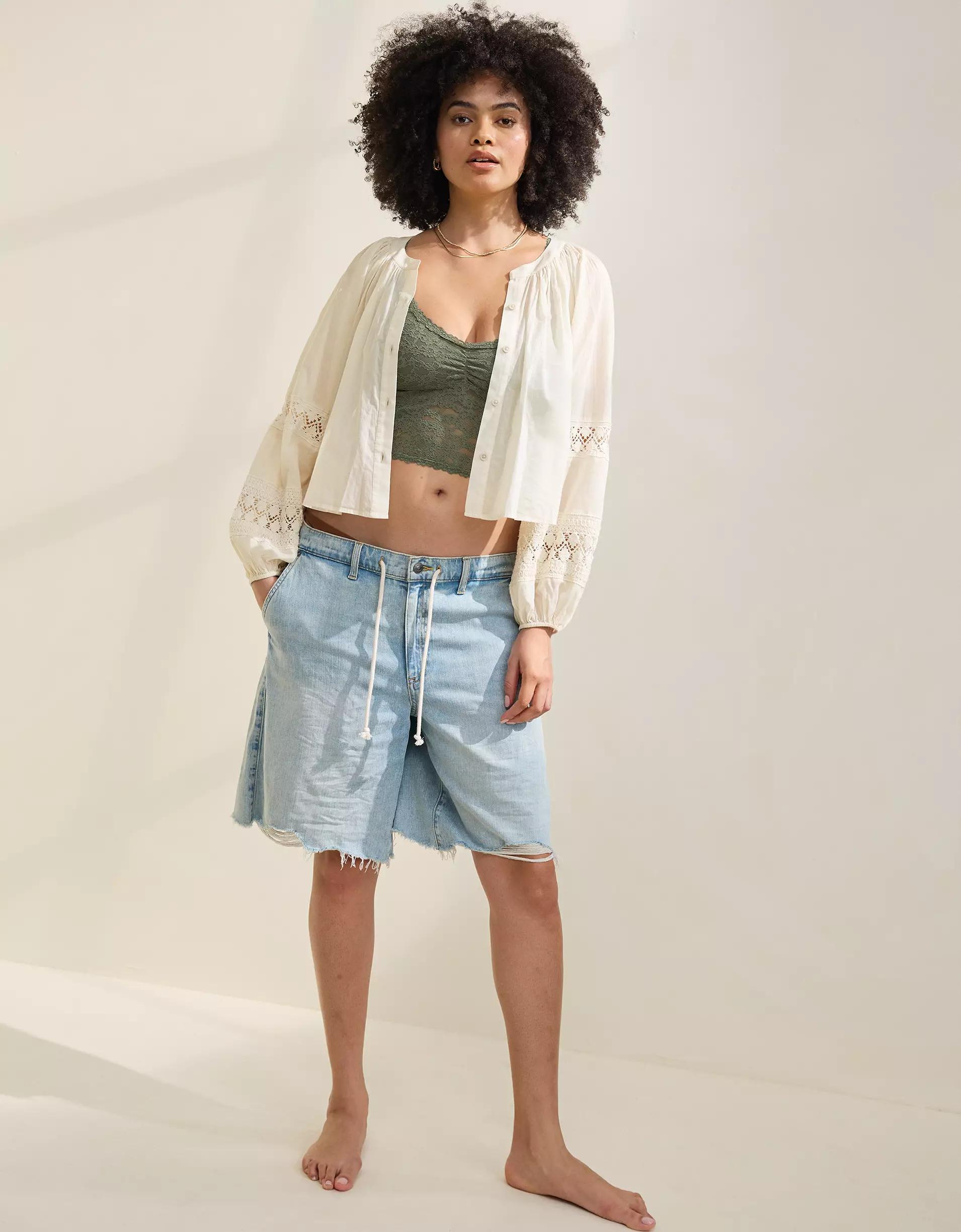 Aerie Long Sleeve Crochet Button Down Shirt Product Image