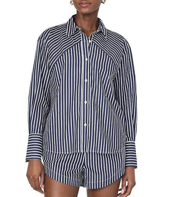 French Connection Alexis Stripe Poplin Angled Yoke Long Sleeve Oversized Shirt Product Image