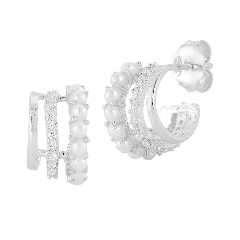 Sunkissed Sterling Cubic Zirconia Freshwater Cultured Pearl Triple Ring Earrings, Women's, Silver Tone Product Image