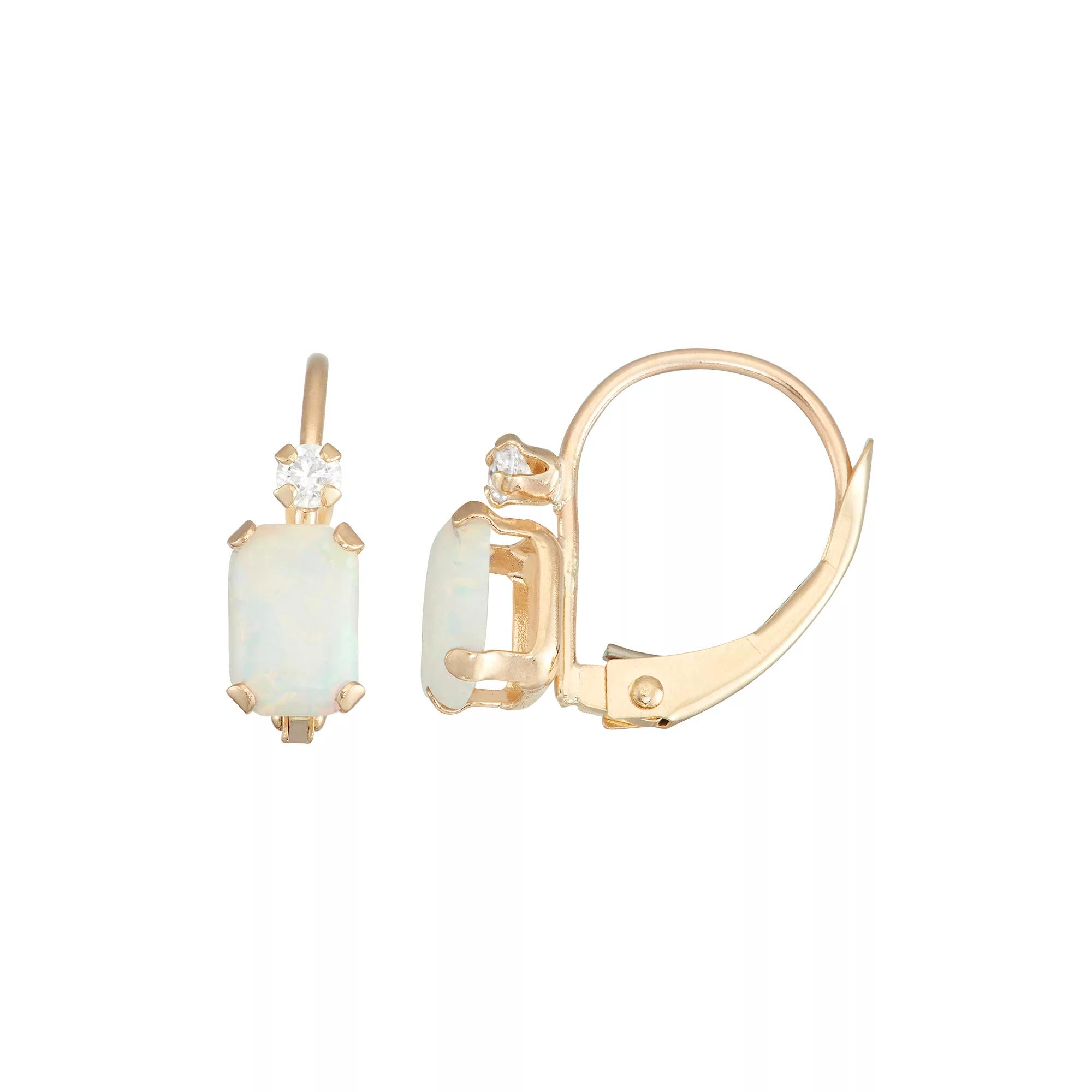 Designs by Gioelli 10k Gold Emerald-Cut Lab-Created Opal & White Zircon Leverback Earrings, Women's Product Image