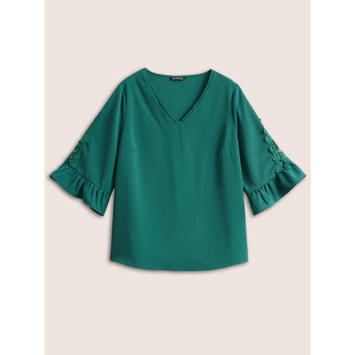 Plus Size Emerald Solid Guipure Lace Patchwork Ruffles Blouse Women Elegant Elbow-length sleeve V-neck Everyday Blouses BloomChic 18-20/2X Product Image