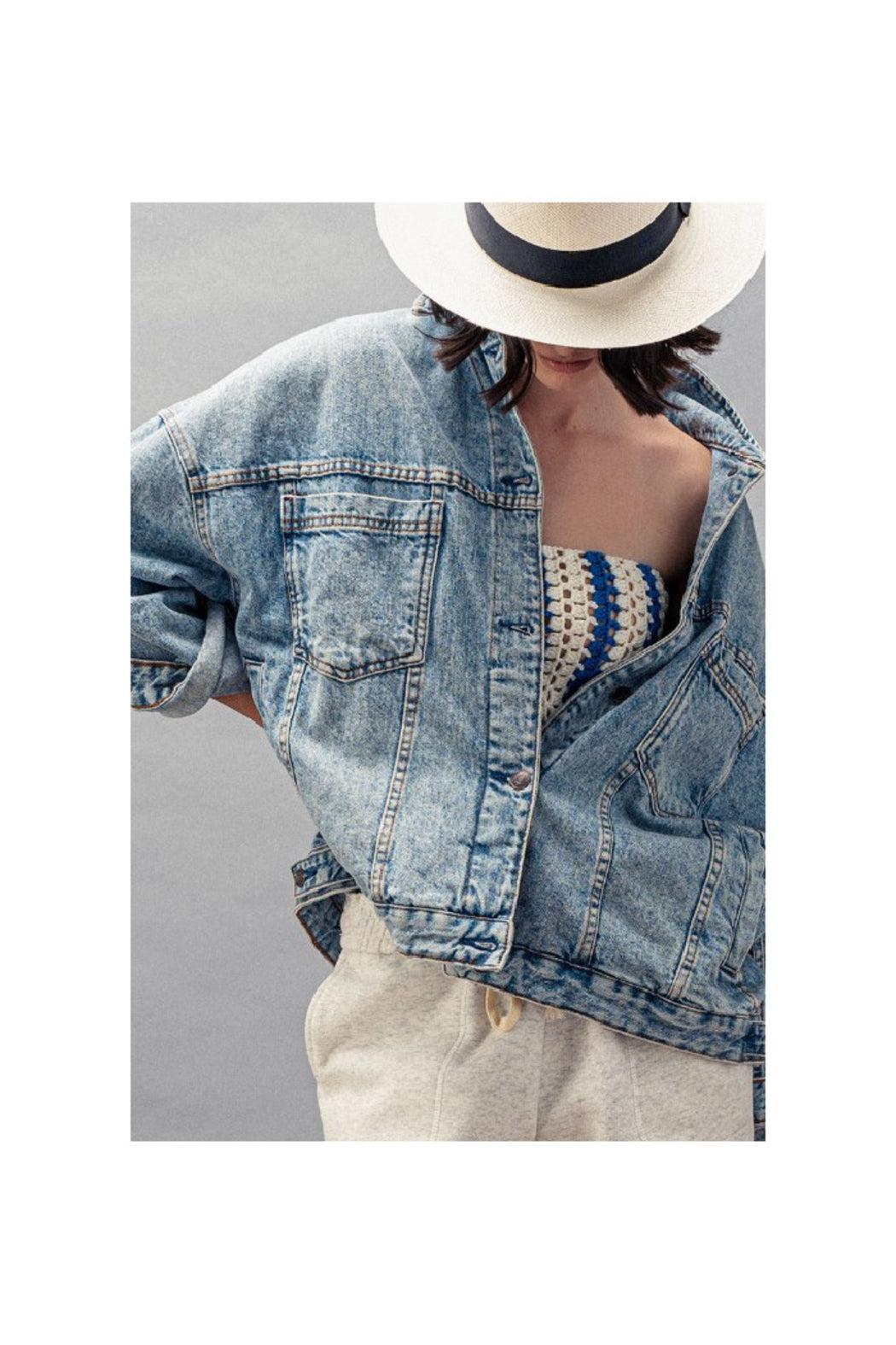 Oversized Button Up Back Pleat Western Denim Jacket Product Image