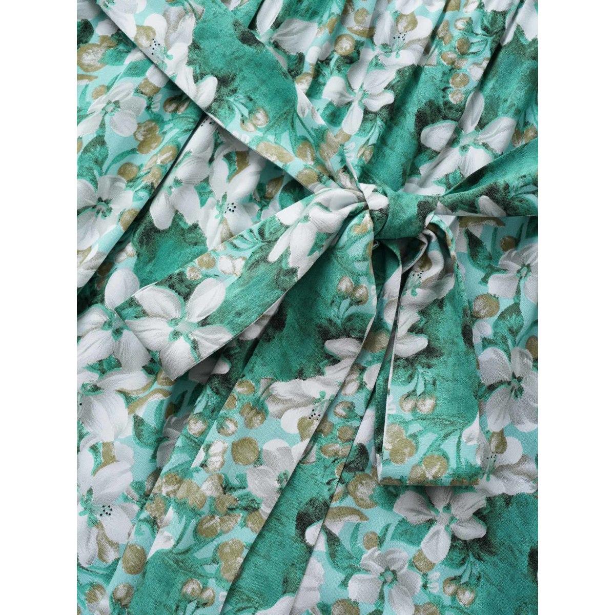 Plus Size Floral Print Notched Belted Midi Dress Turquoise Women Elegant Belted Flat collar with V-notch Short sleeve Curvy Midi Dress BloomChic 18-20/2X Product Image