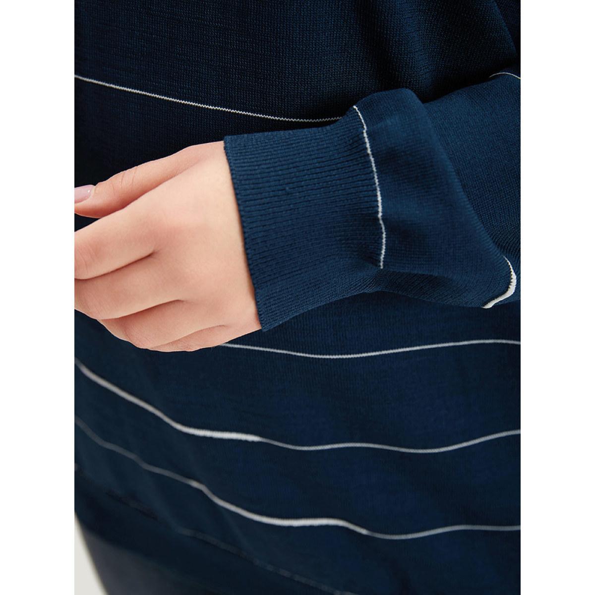 Plus Size Striped Metal Button Detail Elastic Cuffs Pullover Navy Women Casual Loose Long Sleeve Round Neck Everyday Pullovers BloomChic 12/L Product Image