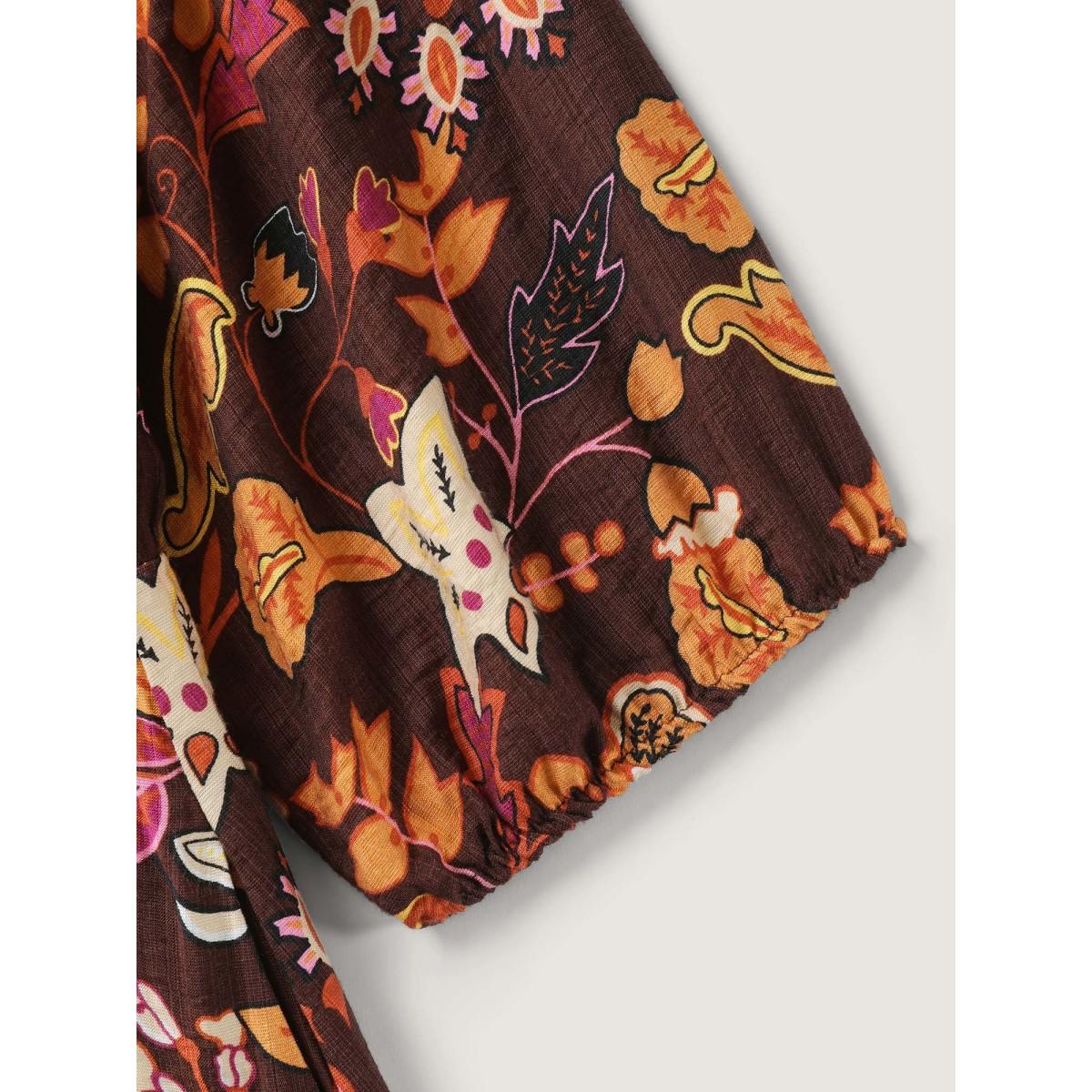 Plus Size Boho Print Stretchy Waist Maxi Dress Browncoffeecolor Women Boho Woven ribbon&lace trim Flat collar with V-notch Elbow-length sleeve Curvy BloomChic 12/L Product Image