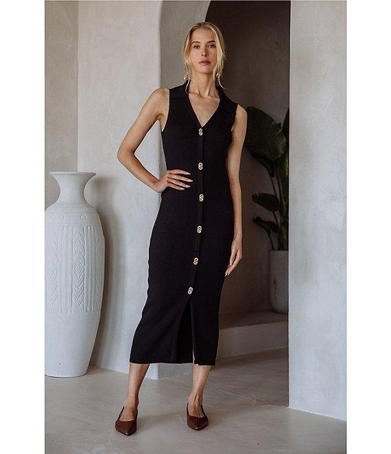Skies Are Blue Rib Knit V Neck Sleeveless Button Front Midi Dress Product Image