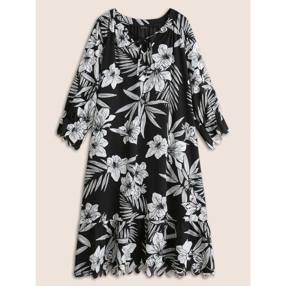 Plus Size Floral Print Tie Neck Scalloped Trim Dress BlackFlower Women Resort Non V-neck Elbow-length sleeve Curvy Midi Dress BloomChic 12/L Product Image