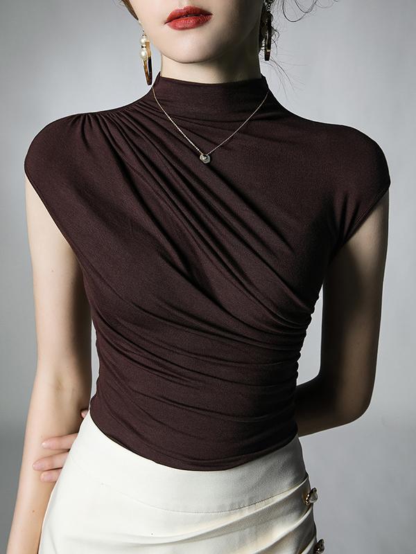 Skinny Pleated Solid Color Mock Neck T-Shirts Tops Product Image