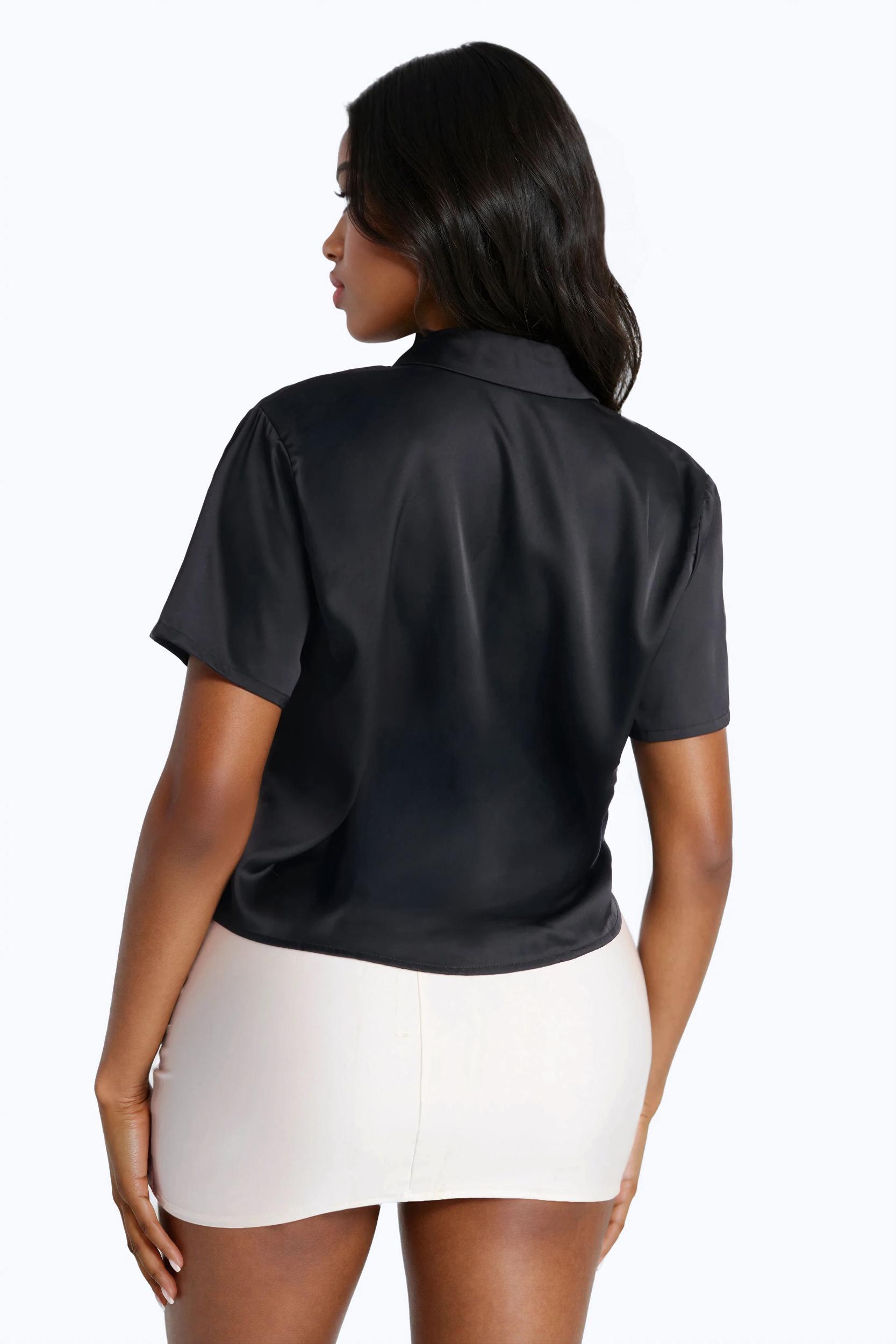 Keep You Close Short Sleeve Satin Shirt - Black Female Product Image