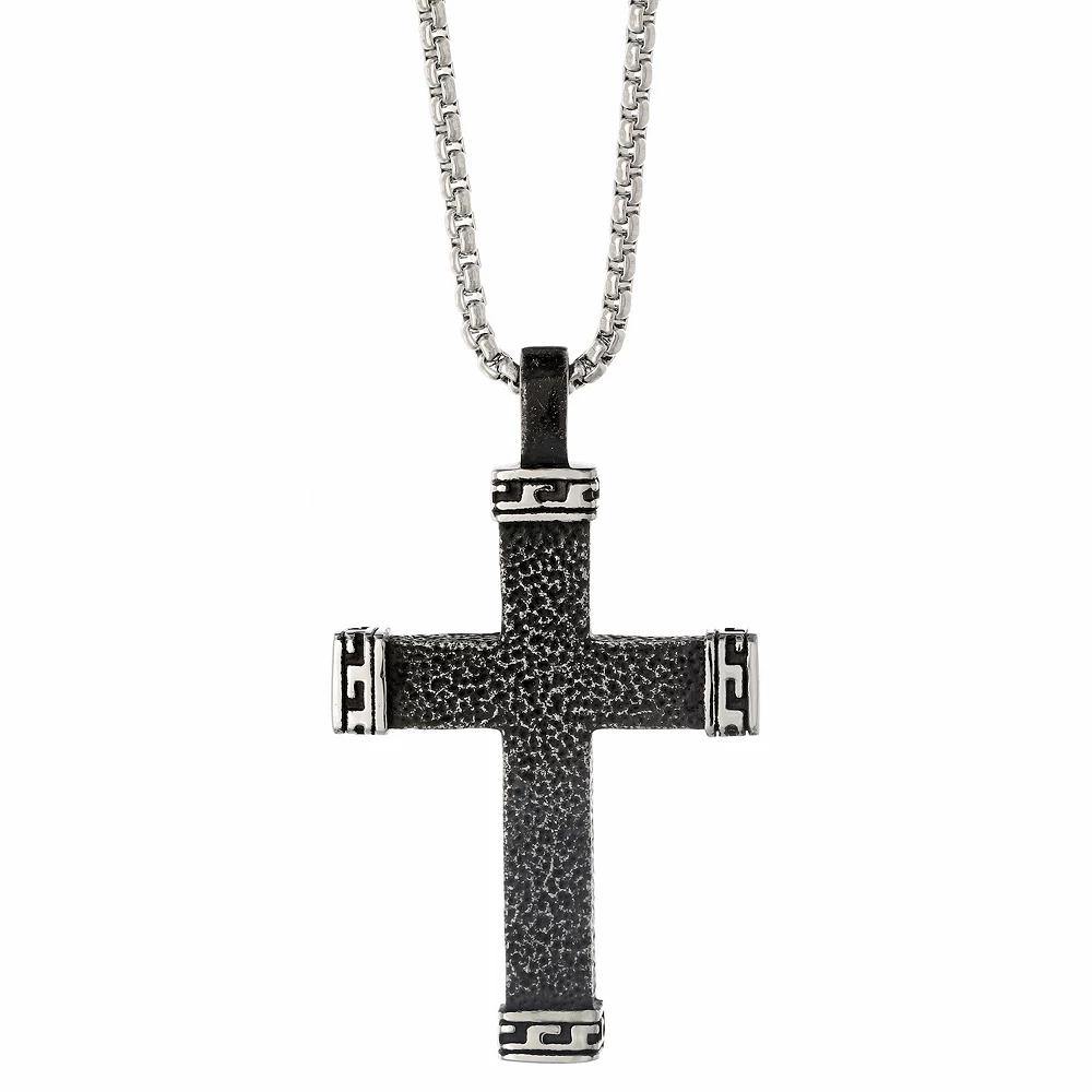 Men's LYNX Black Ion-Plated Stainless Steel Textured Cross Pendant Necklace, Size: 24", Two Tone Product Image