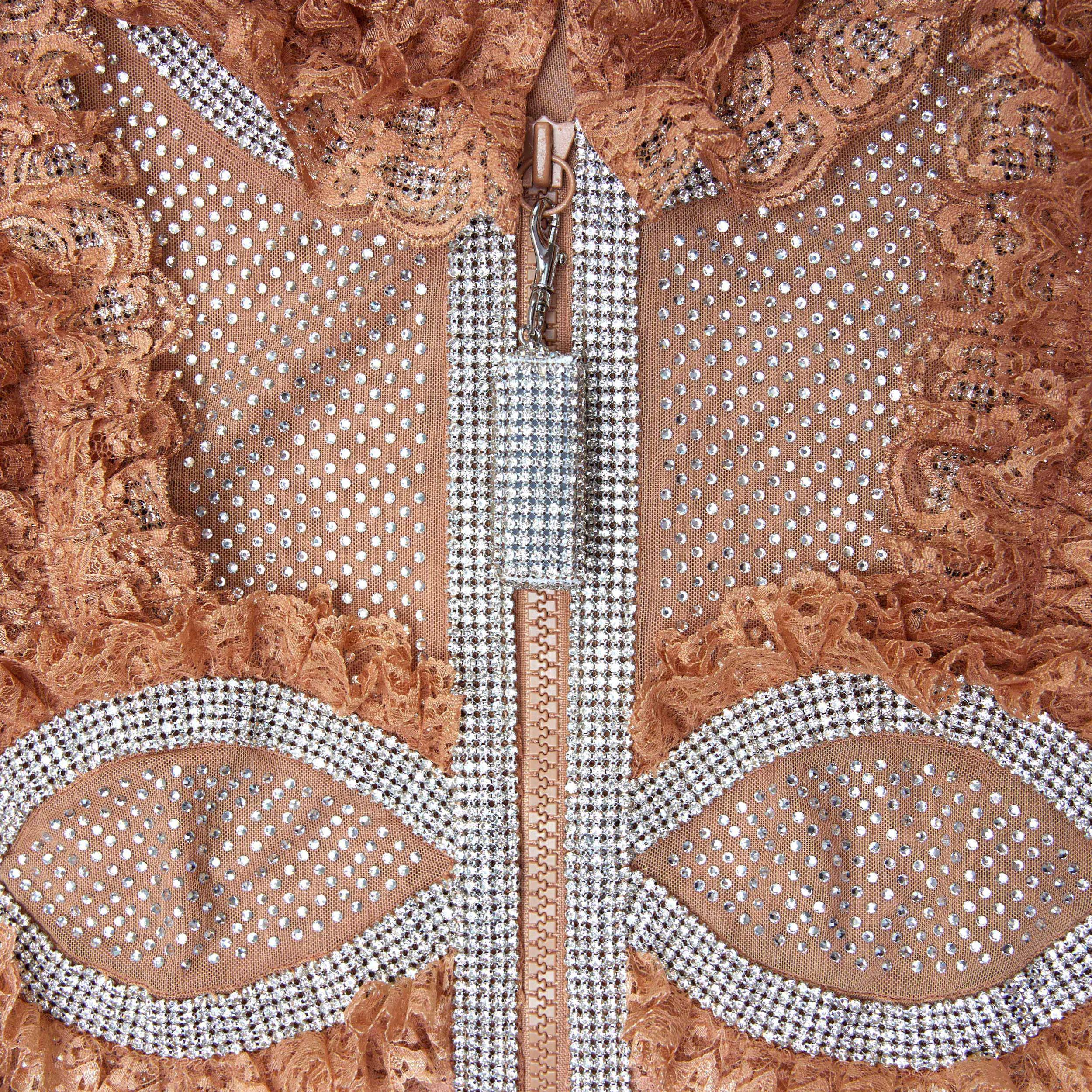 Tan Rhinestone Mesh Ruffle Mini Dress Product Image