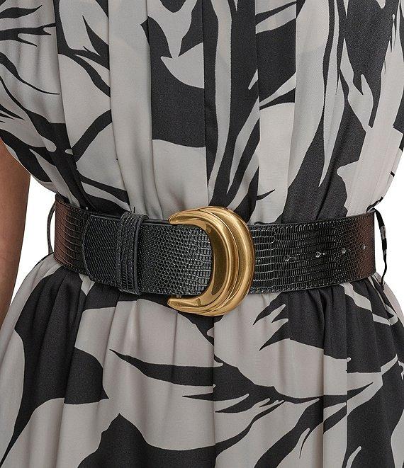 Donna Karan Twill V-Neck Belted Short Sleeve A-Line Floral Midi Dress Product Image