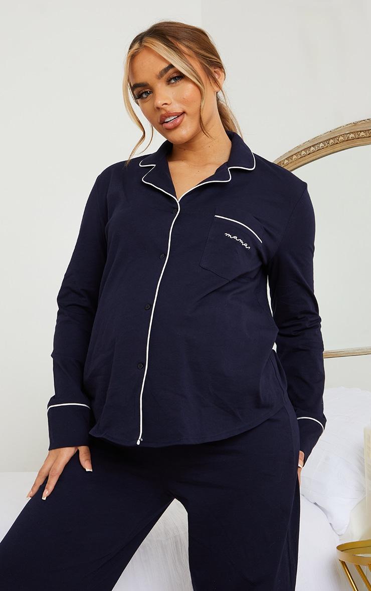 Maternity Navy Mama Long Sleeve Button Up PJ Top Product Image
