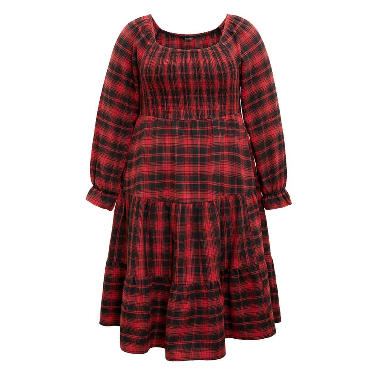 Plus Size Plaid Shirred Pocket Ruffle Trim Midi Dress Raspberry Women Elegant Gathered Square Neck Long Sleeve Curvy Midi Dress BloomChic 14-16/1X Product Image