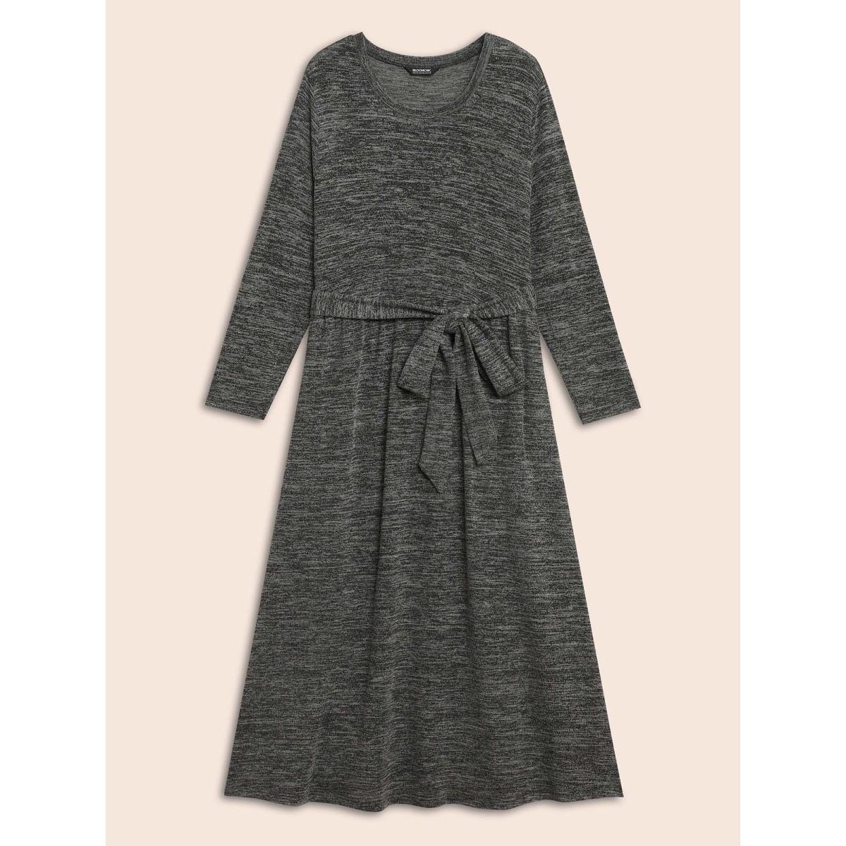 Plus Size Round Neck Heather Belted Dress DimGray Women Leisure Texture Round Neck Long Sleeve Curvy BloomChic 28/5X Product Image
