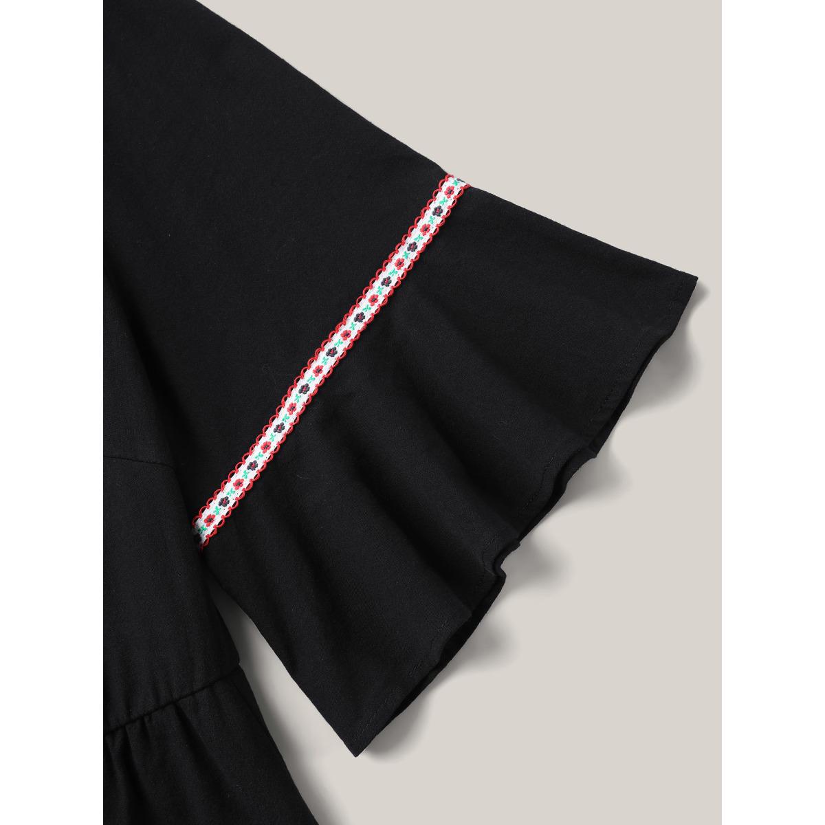 Plus Size Pure Cotton Embroidered Pockets Midi Dress Black Women V-neck Half Sleeve Curvy BloomChic 18-20/2X Product Image