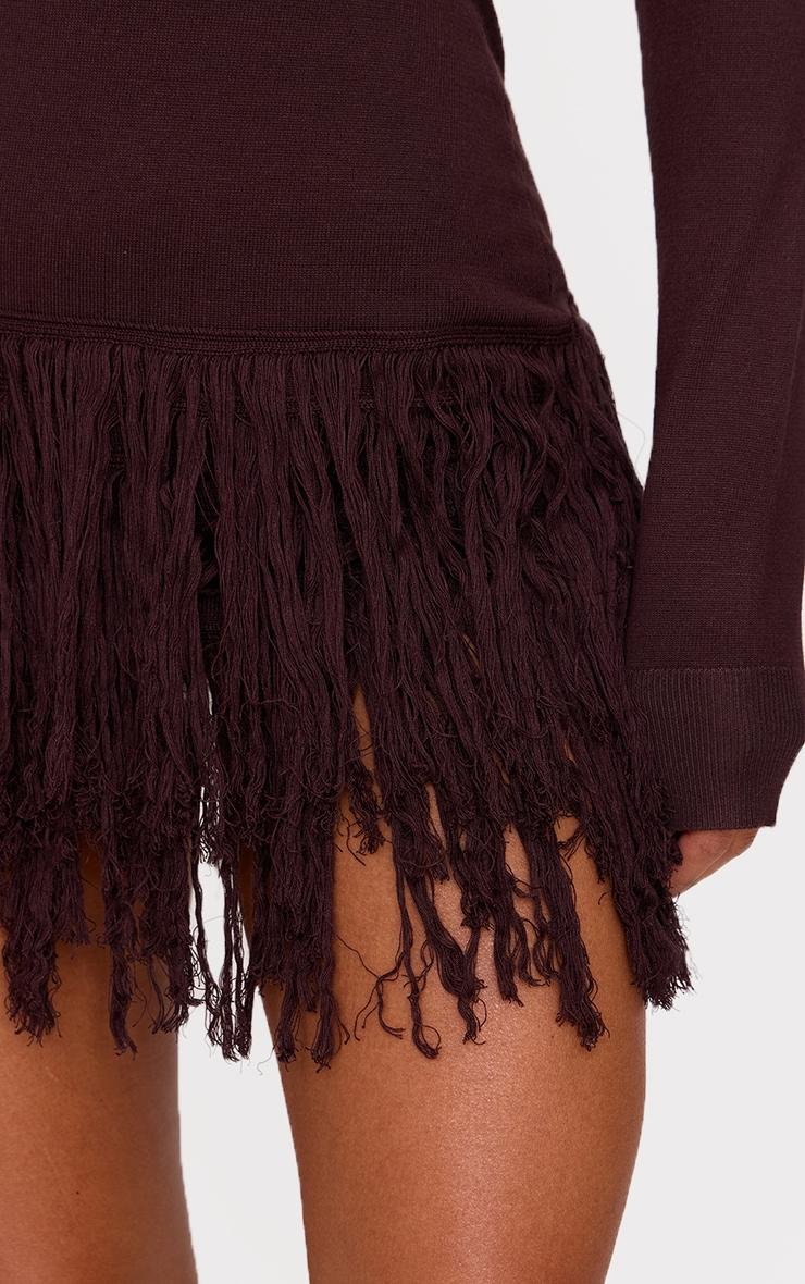 Cappuccino Fine Knit Fringe Hem Long Sleeve Micro Mini Dress Product Image
