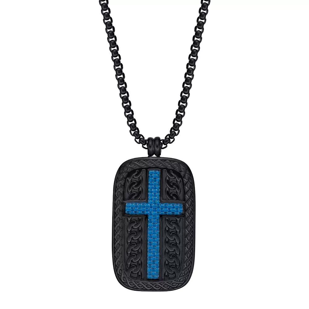 Men's LYNX Black & Blue Ion Plated Stainless Steel Cross Dog Tag Pendant Necklace,  Product Image