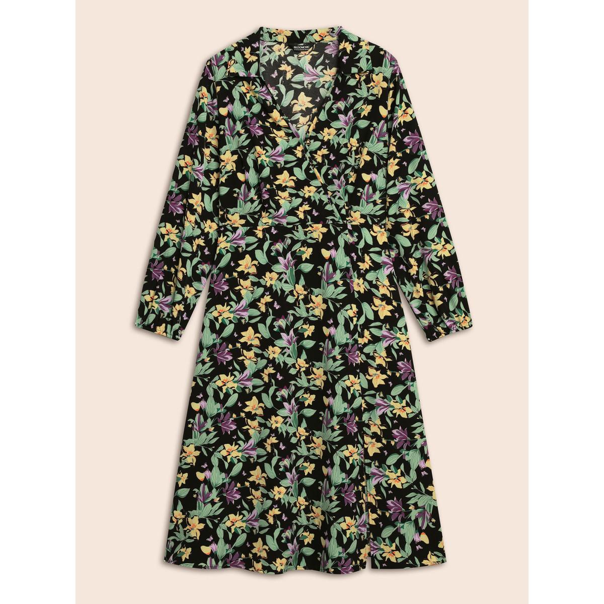 Plus Size Floral Overlap Collar Lantern Sleeve Dress Black Women Elegant Non Overlap Collar Long Sleeve Curvy BloomChic 12/L Product Image