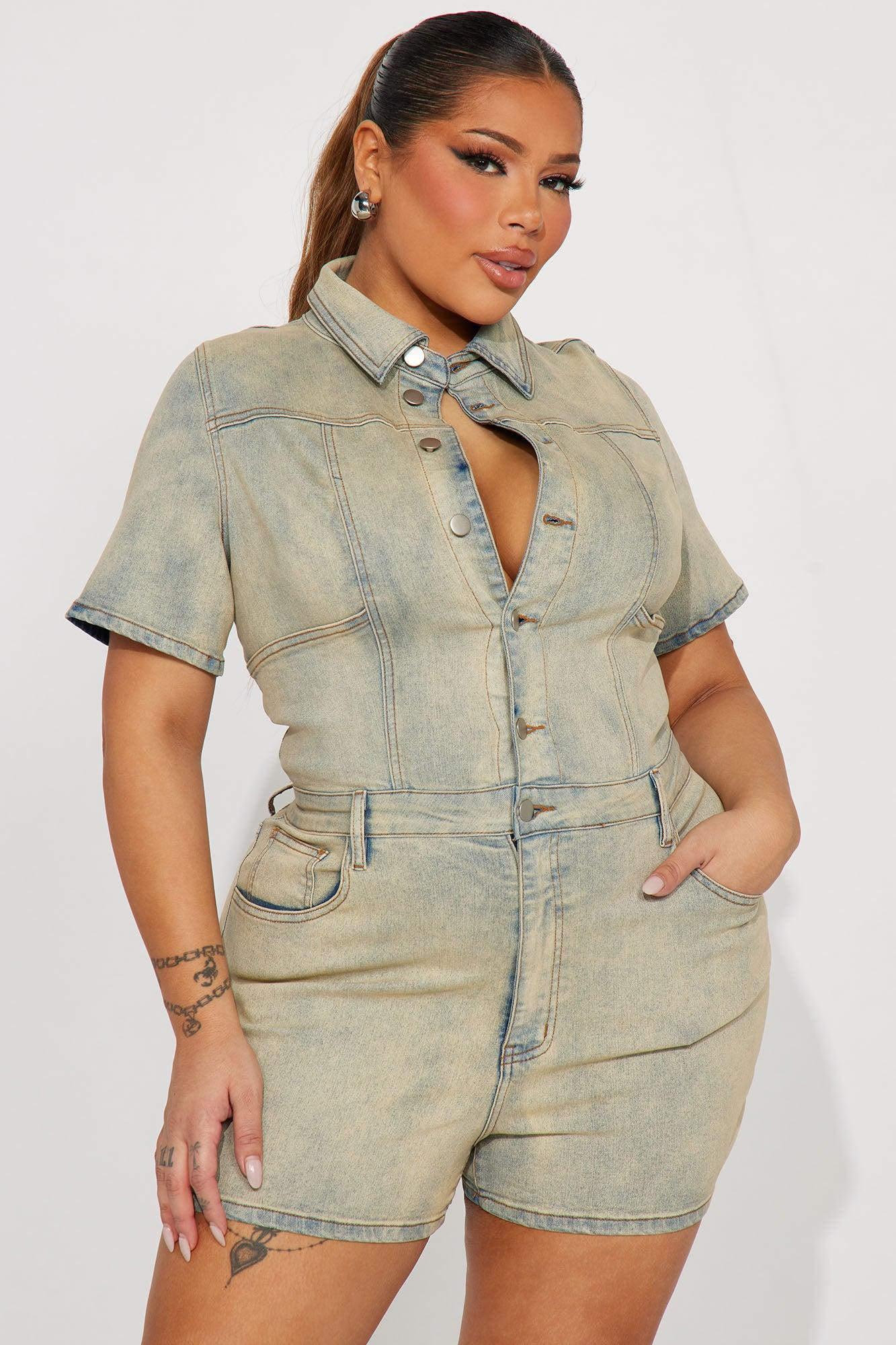 Lucky Gal Vintage Wash Denim Romper - Light Wash Product Image