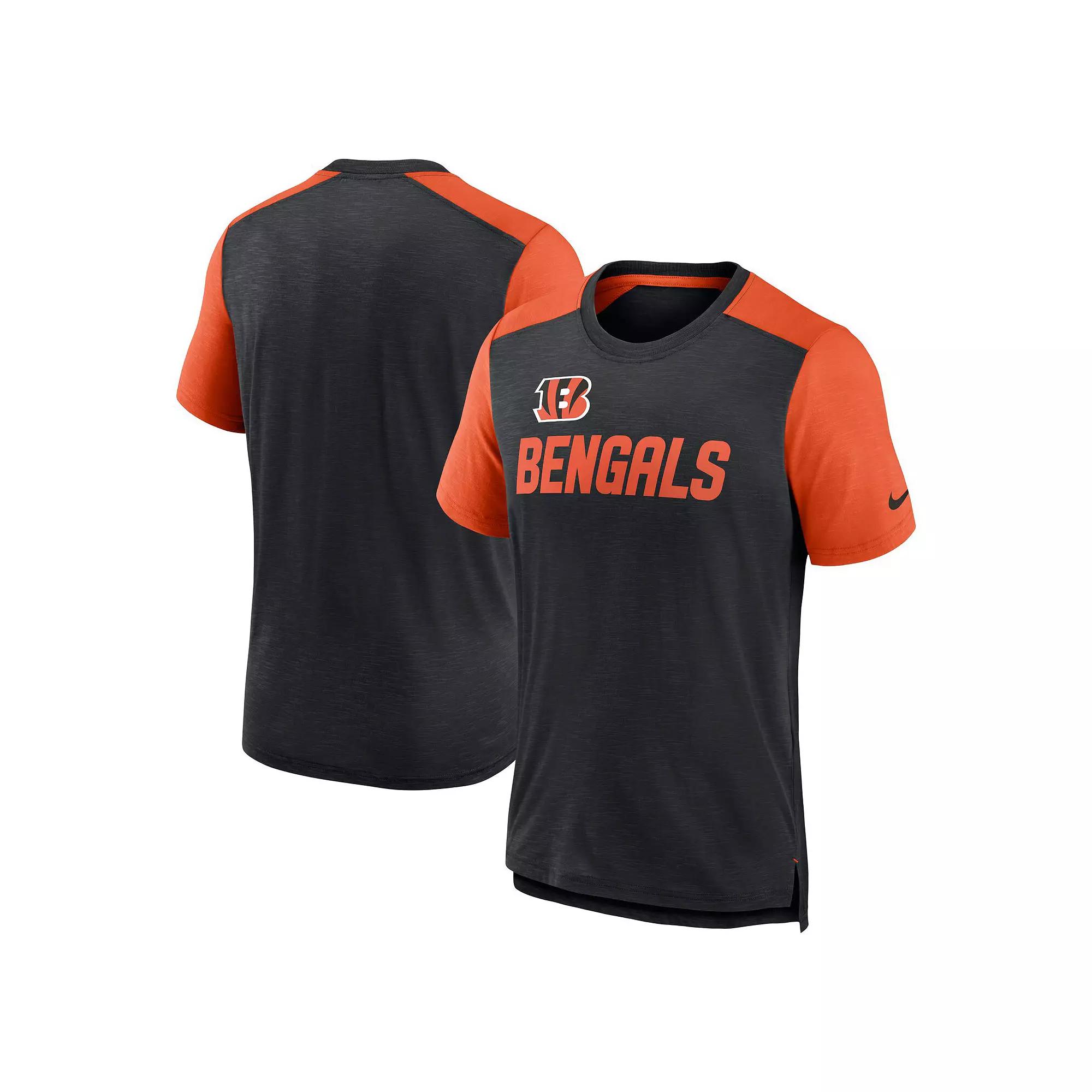 Men's Nike Heathered Black/Heathered Orange Cincinnati Bengals Color Block Team Name T-Shirt, Size: Large, Charco Product Image