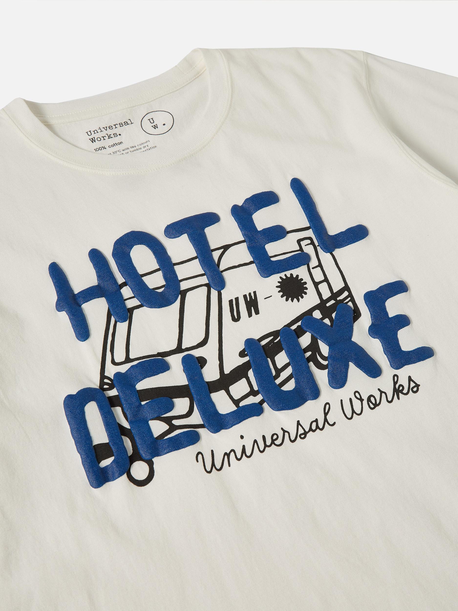 Universal Works Print Tee in Ecru 'Hotel Deluxe' Single Jersey Product Image