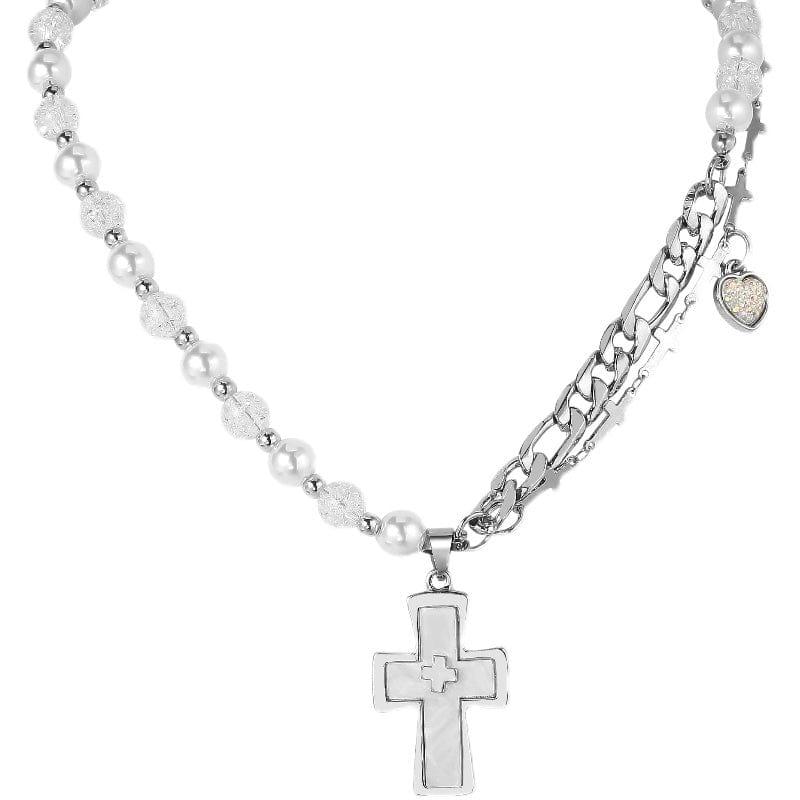 HALF PEARL HALF DOUBLE CHAIN CROSS NECKLACE Product Image