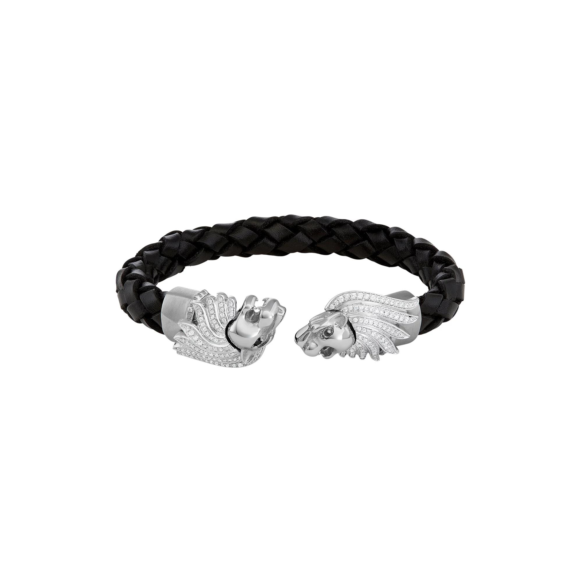 Men's Stainless Steel & Black Leather Cubic Zirconia Lion Cuff Bracelet, Size: 8.5" Product Image