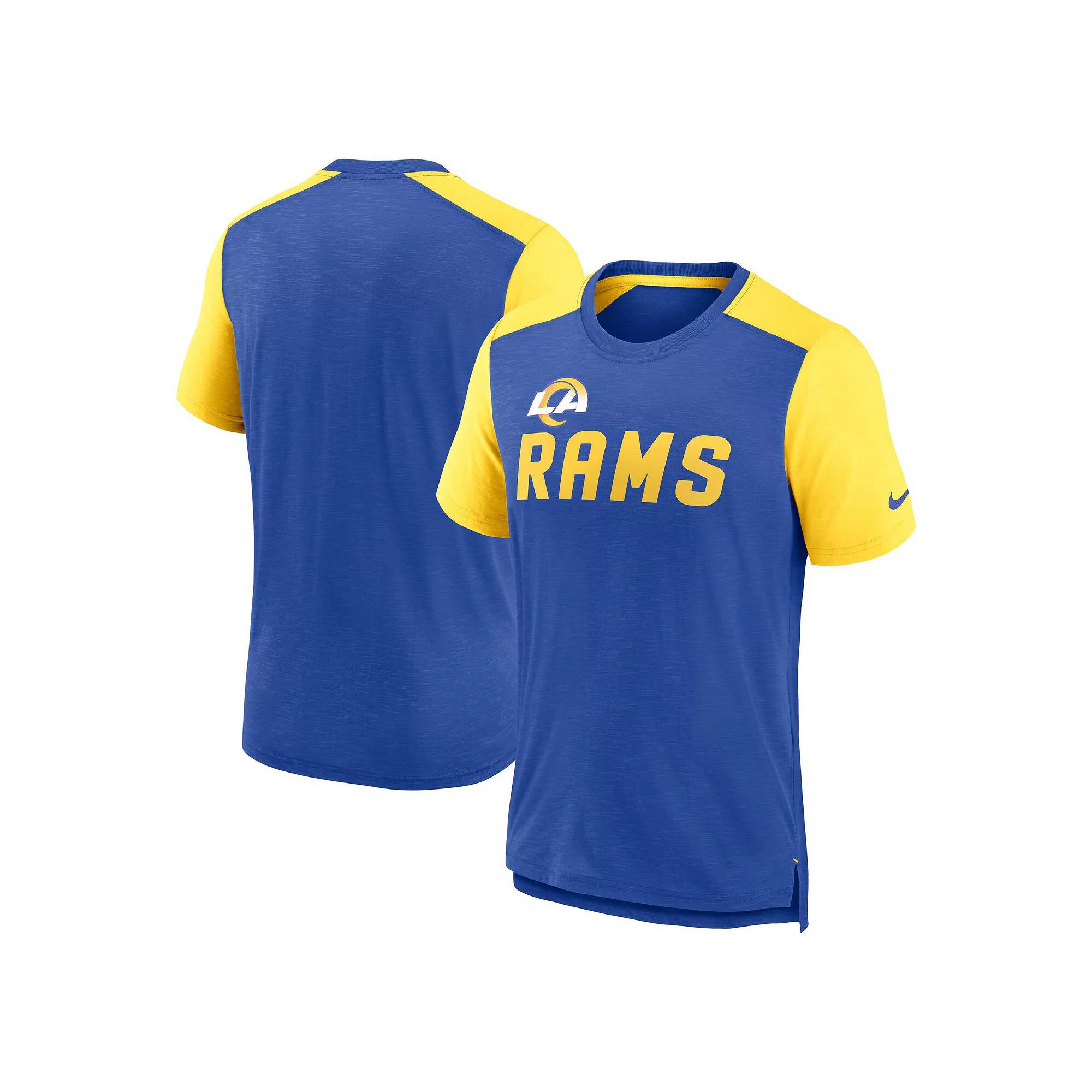 Men's Nike Heathered Royal/Heathered Gold Los Angeles Rams Color Block Team Name T-Shirt, Size: 3XL, Blue Product Image